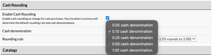 The cash denominations dropdown menu.