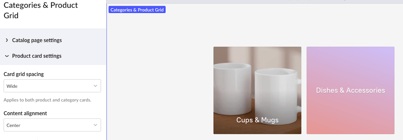 Categories and product grid settings on eCom sitebuilder.