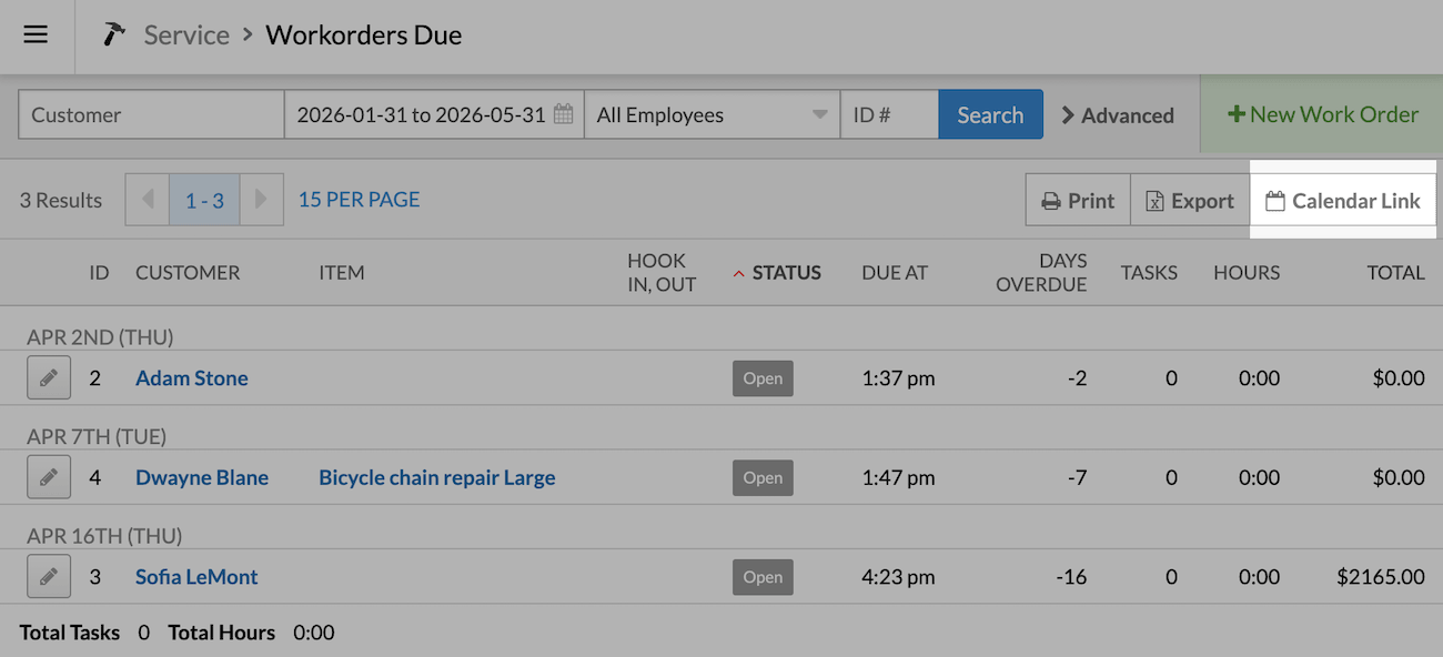 Work orders calendar link button highlighted.