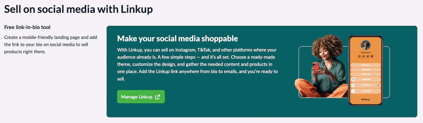 Pagina Linkup op het eCom-beheerderspaneel met een knop om het Linkup-account te beheren.