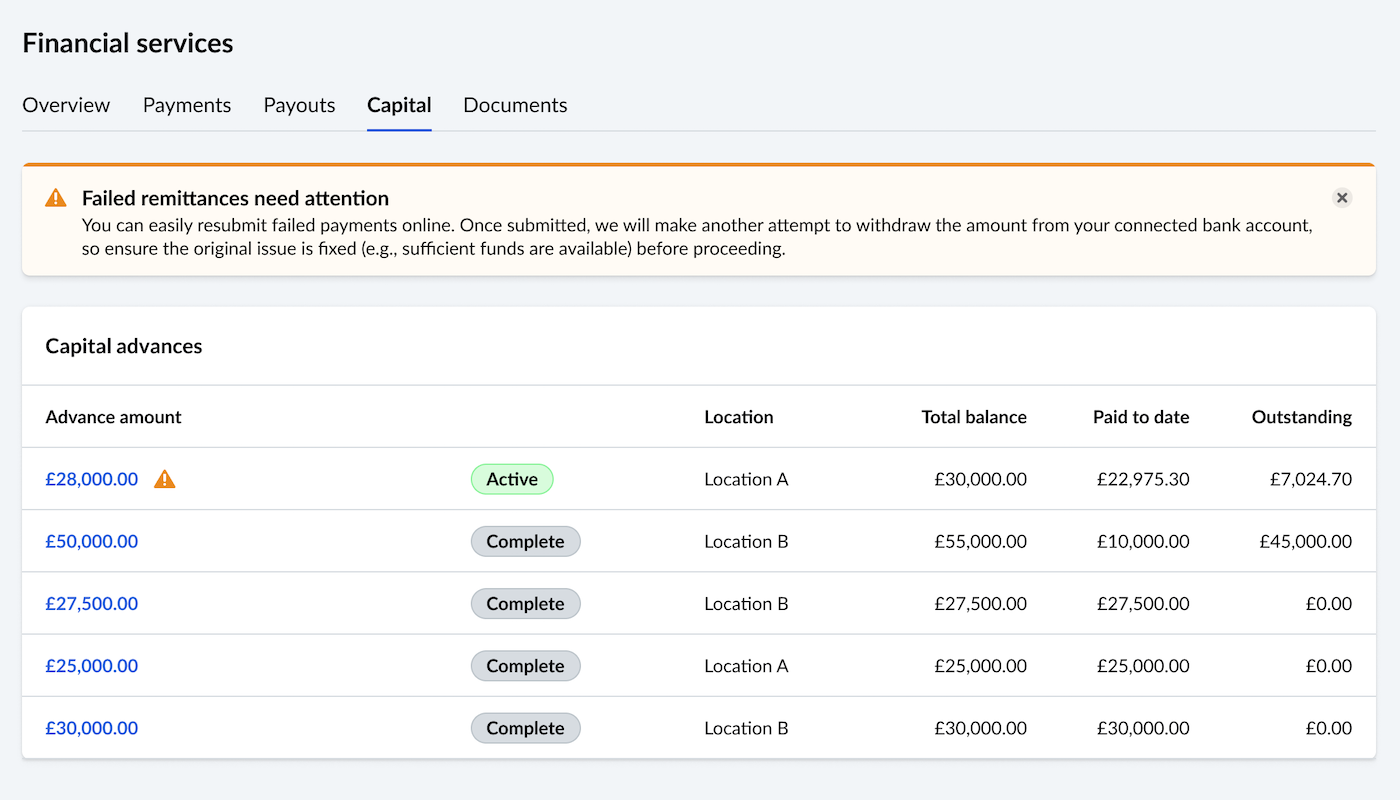 La page Avances de capital. Une bannière concernant le versement non abouti est visible.