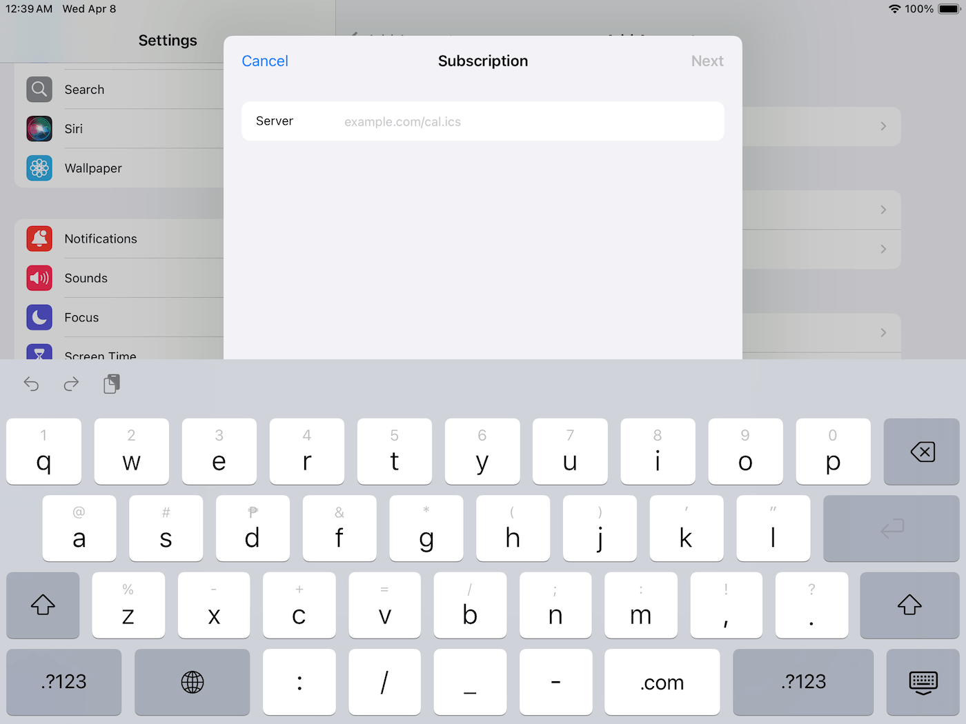 Paste your calendar URL in the Server field.