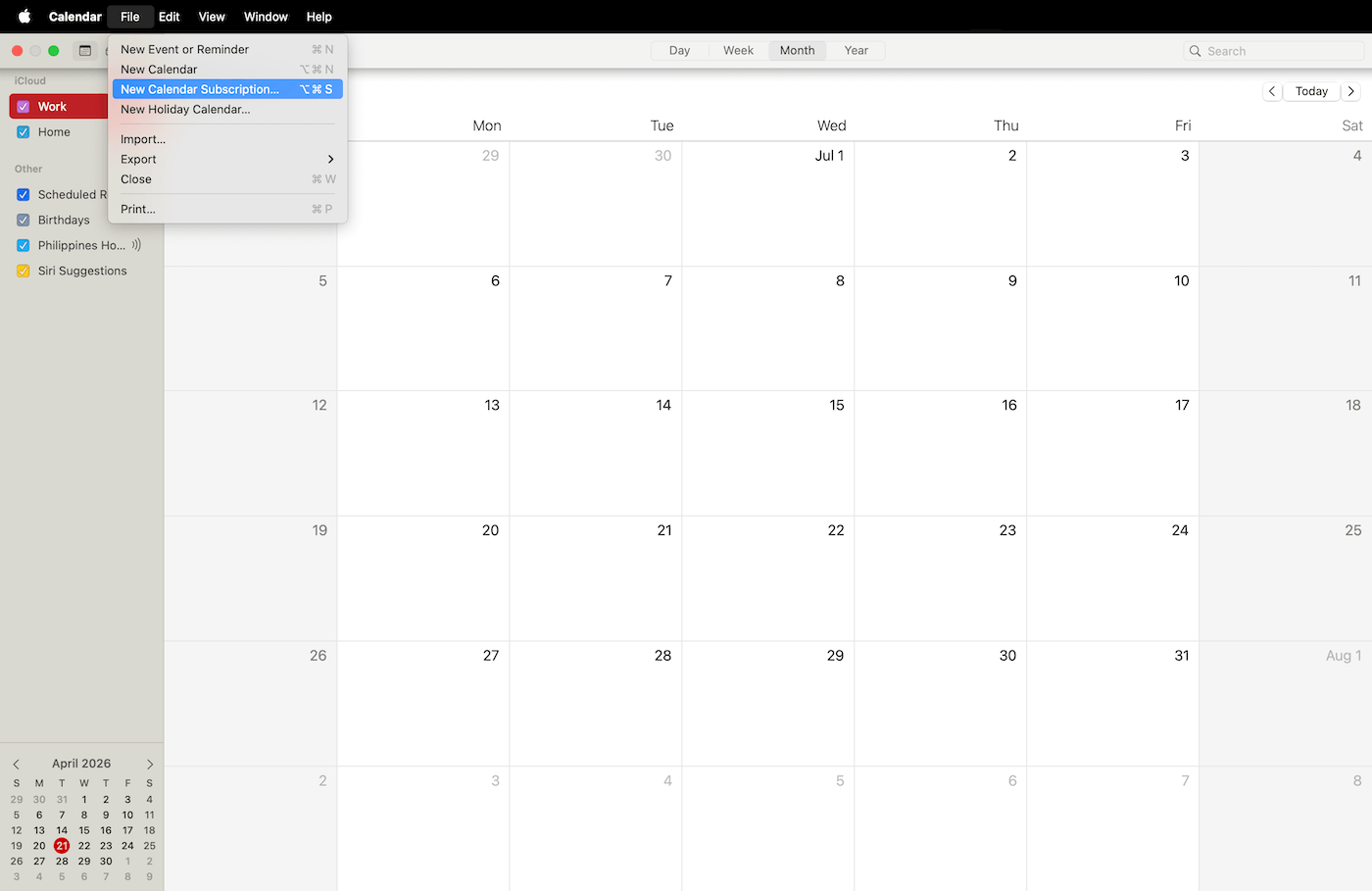 Adding New Calendar Subscription.