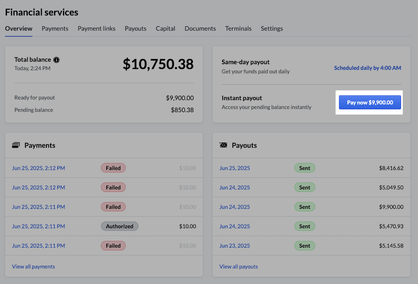 Instant Payouts op de pagina Financiële diensten.