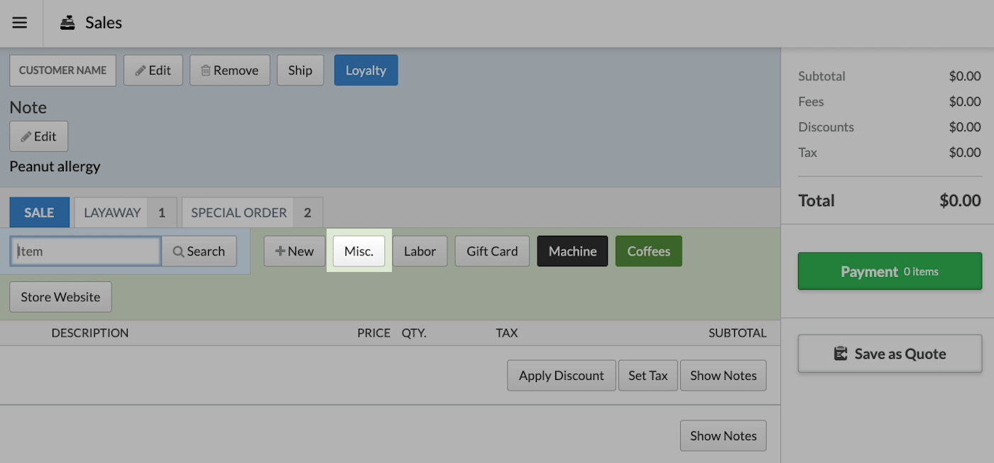 De verkooppagina met Misc. gemarkeerd.