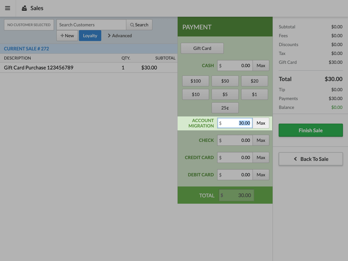 Page Paiement avec le type Migration de compte mis en évidence.