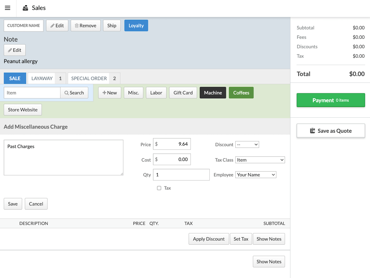 Page de vente avec les options Ajouter des frais divers visibles.