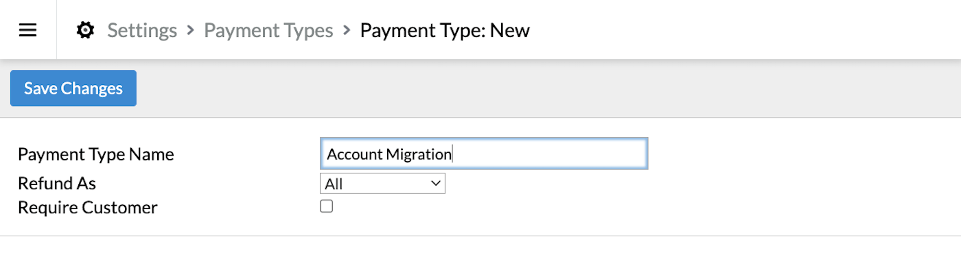 Page de nouveau type de paiement avec les éléments Nom du type de paiement, Remboursement par , Besoin du client et Enregistrer les modifications.