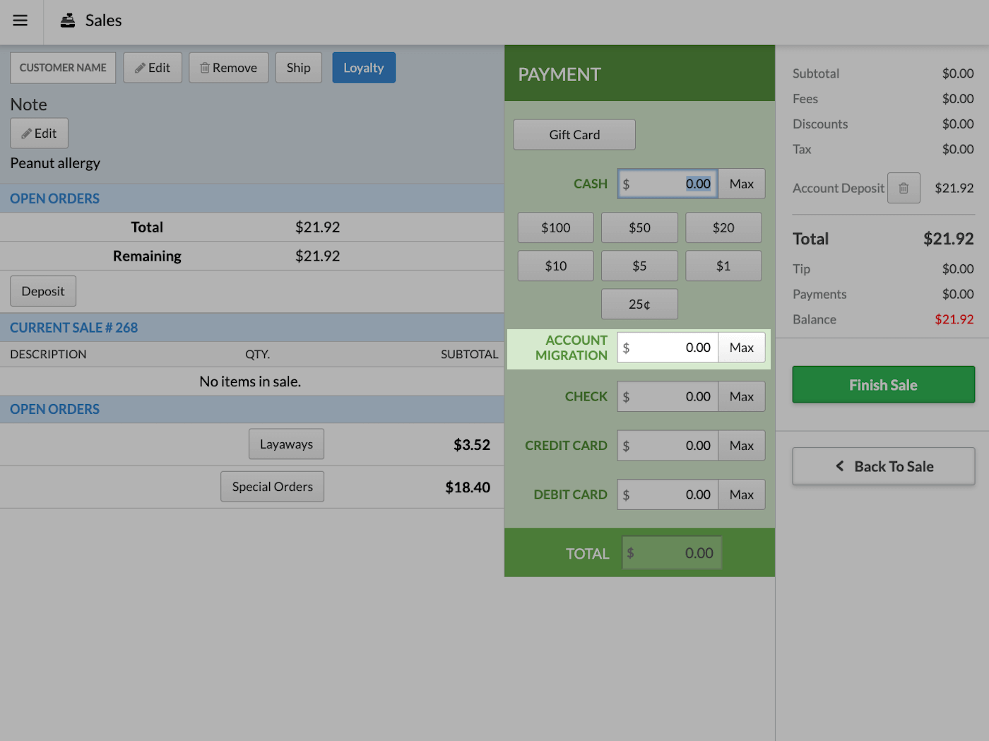 Page Paiement avec type Migration de compte mis en évidence.