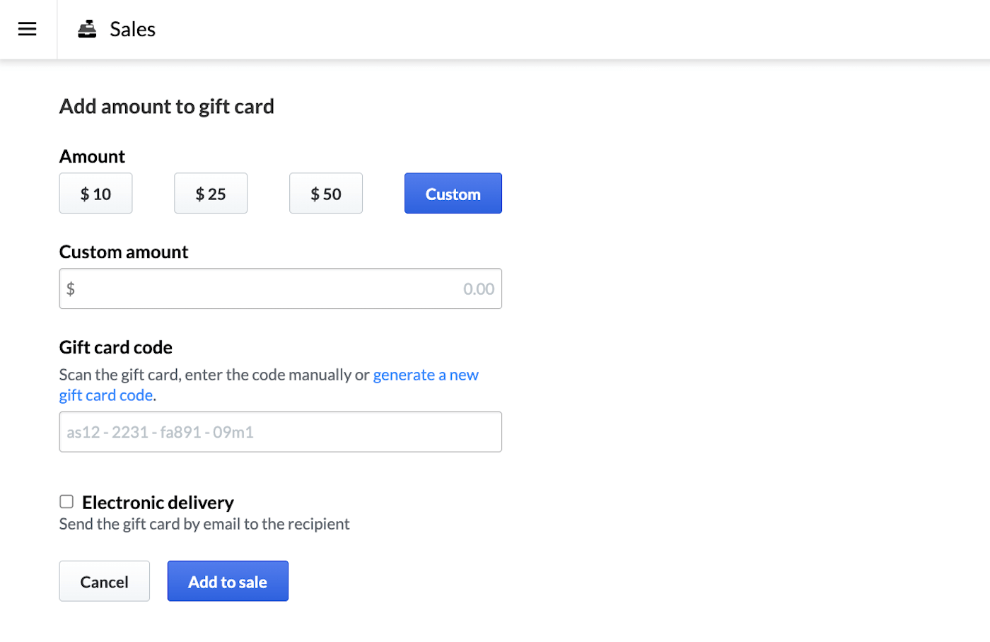 Page de carte cadeau avec montant personnalisé sélectionné, montrant le champ Montant personnalisé, le champ Code de la carte-cadeau et l'option Livraison électronique.
