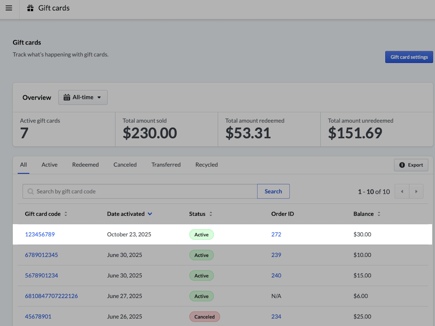 Page Cartes-cadeaux avec une nouvelle carte-cadeau à l'état Actif mise en évidence.