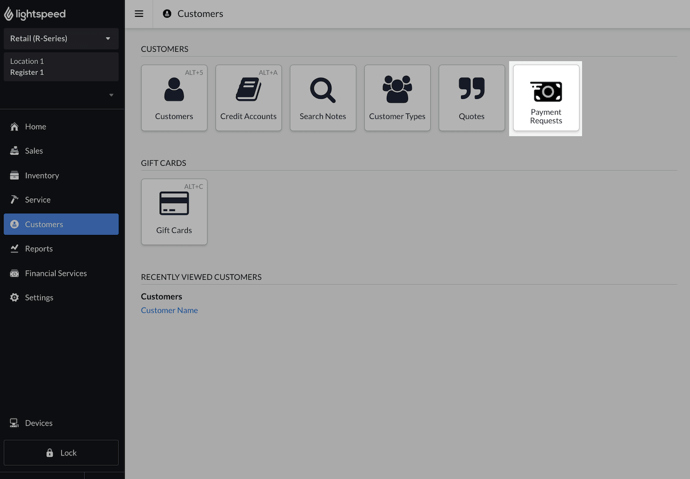 Customers page with Payment Requests emphasized.