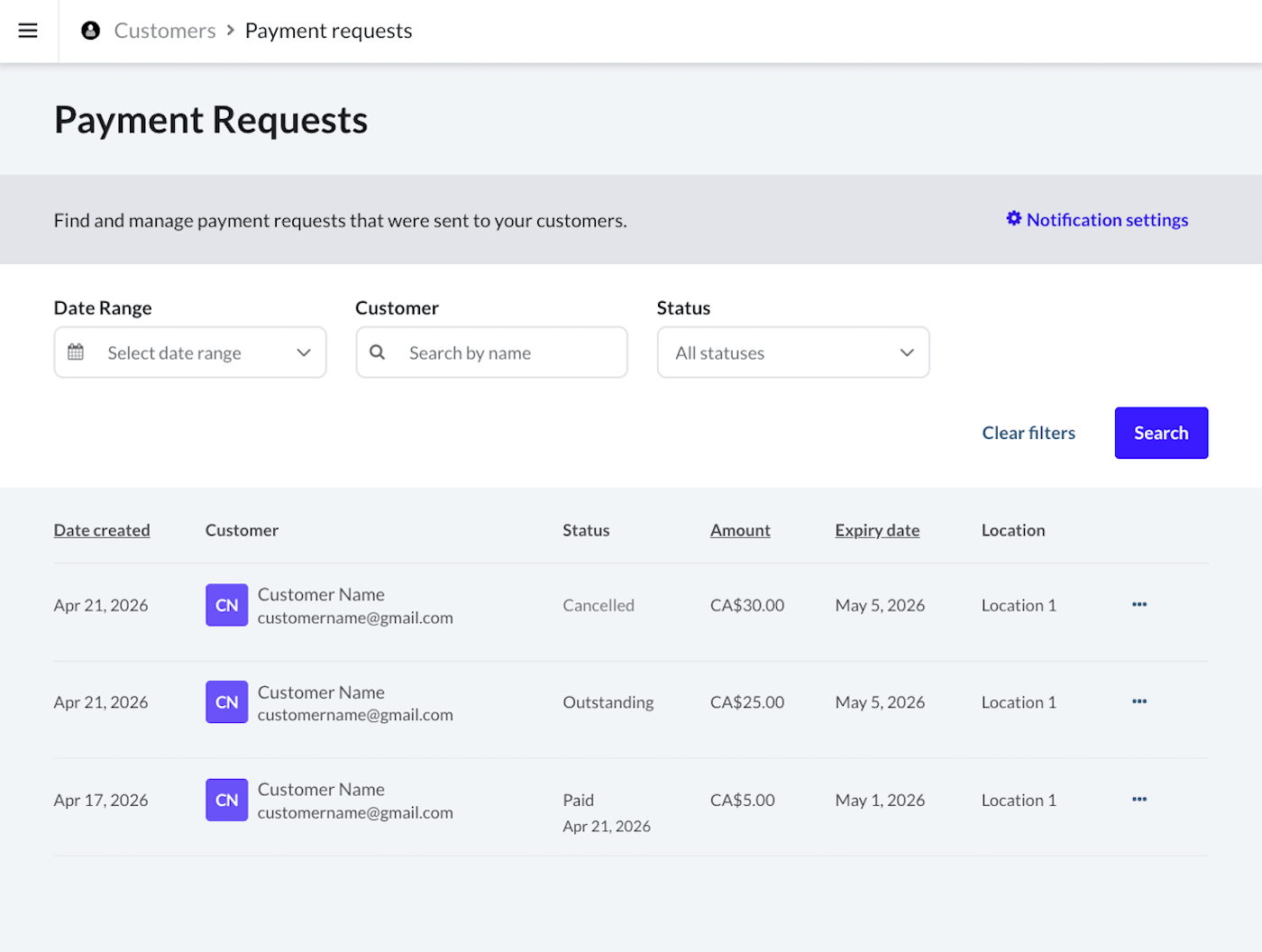Payment Requests page with Date Range, Customer, and Status filters.