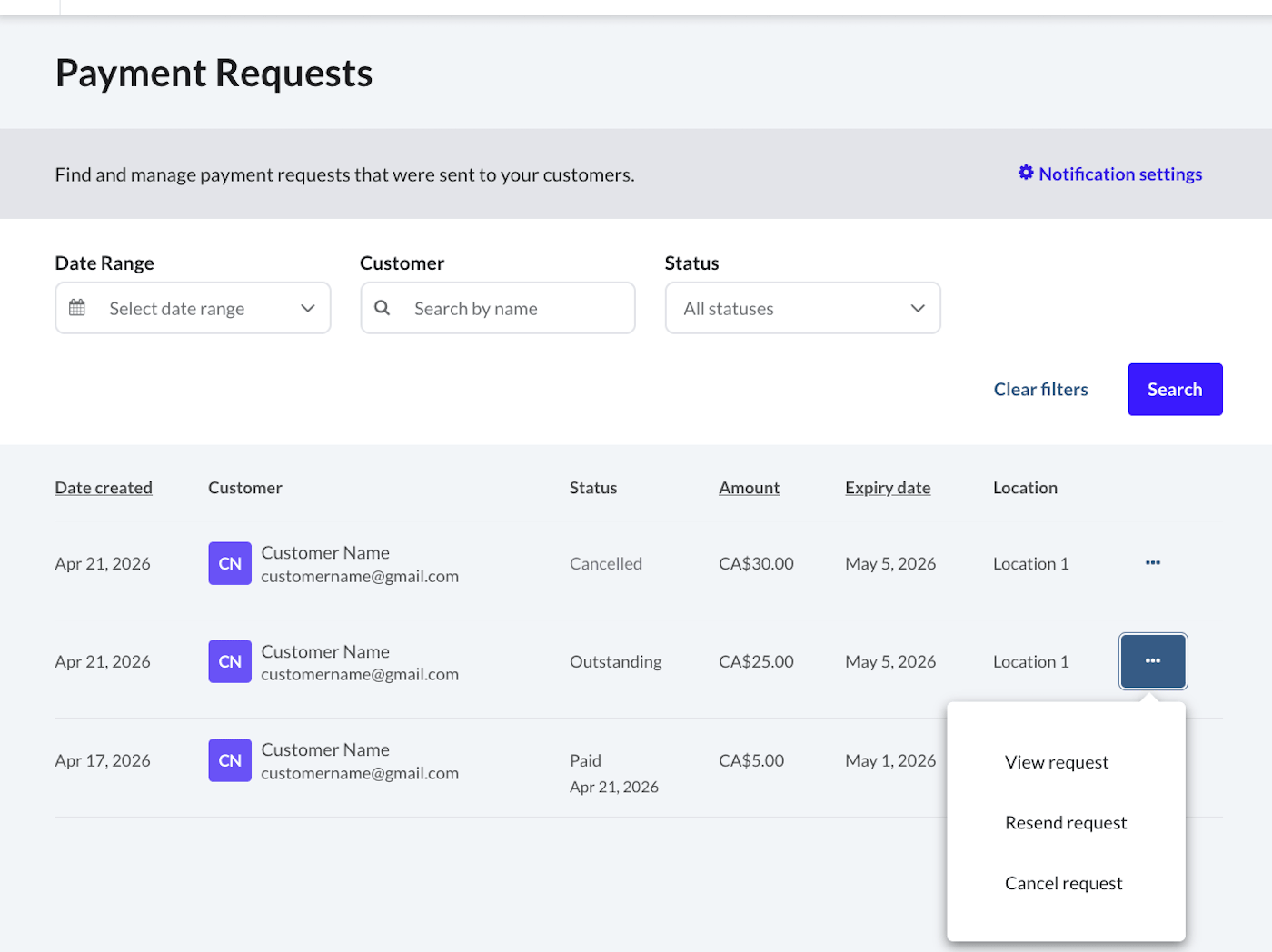 More menu with options to View request, Resend request, or Cancel request.