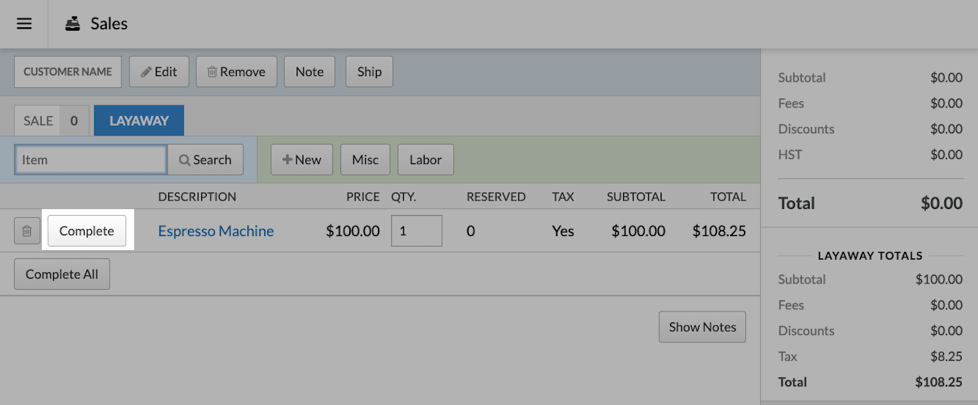 Sell page with Layaway tab selected and Complete button emphasized.