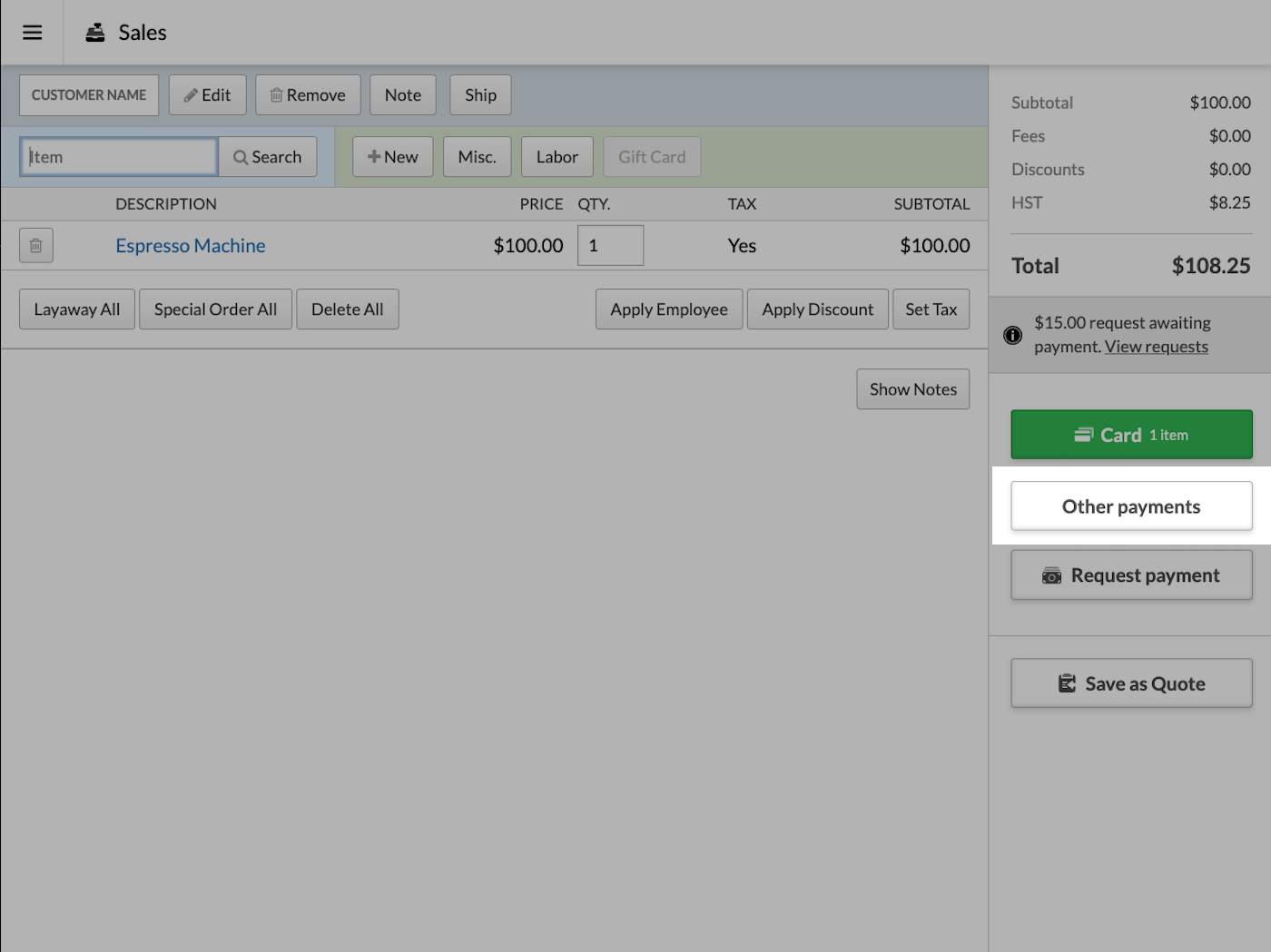 Sell page with Other payments emphasized.