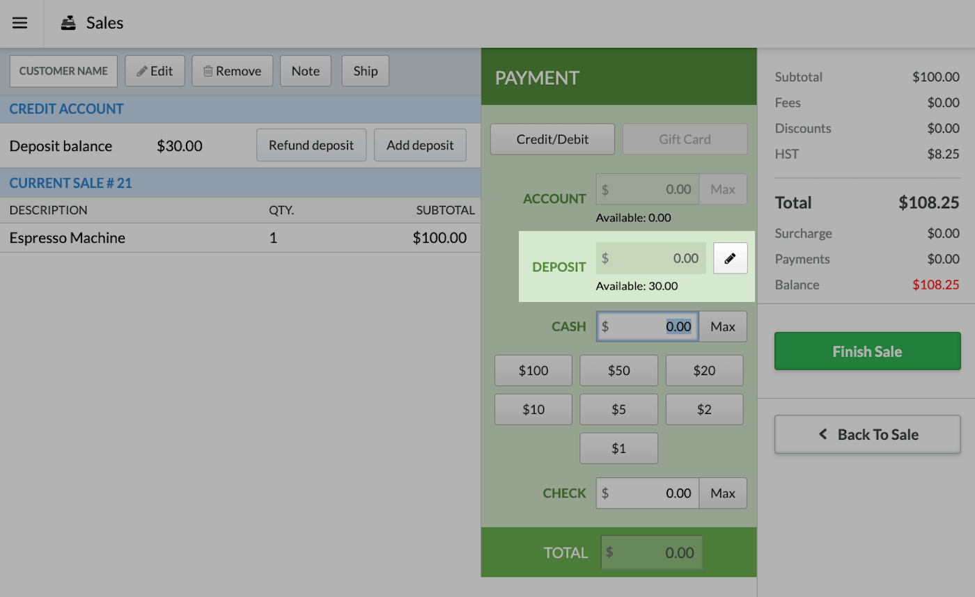 Payment page with Deposit field and edit icon emphasized.