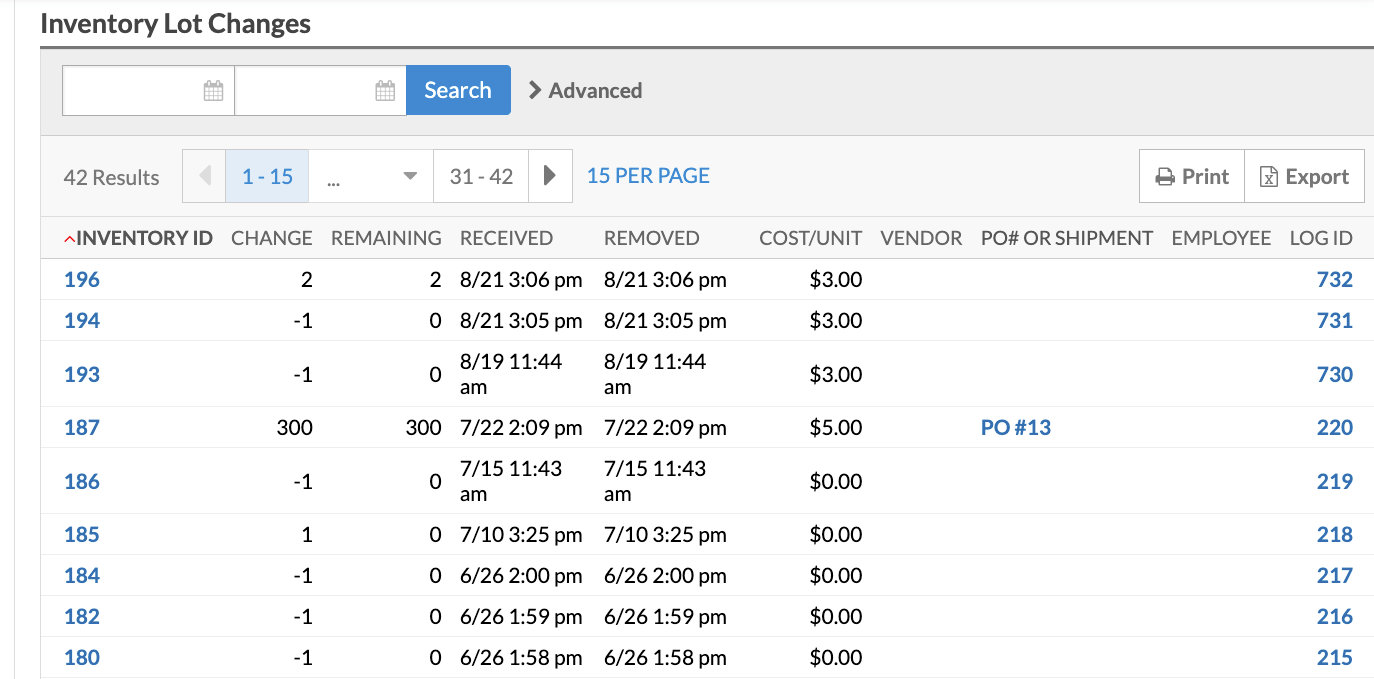 De tabel Wijzigingen voorraadpartij.