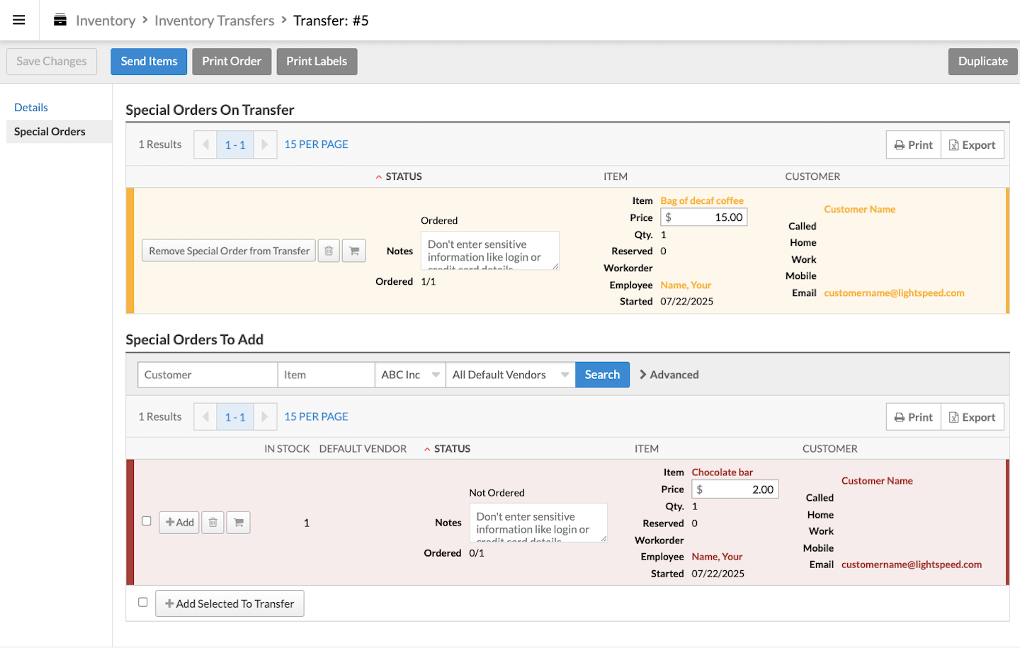 Tabblad Speciale bestellingen die speciale bestelling weergeeft die naar de Speciale bestellingen in de sectie Overdracht is verplaatst.