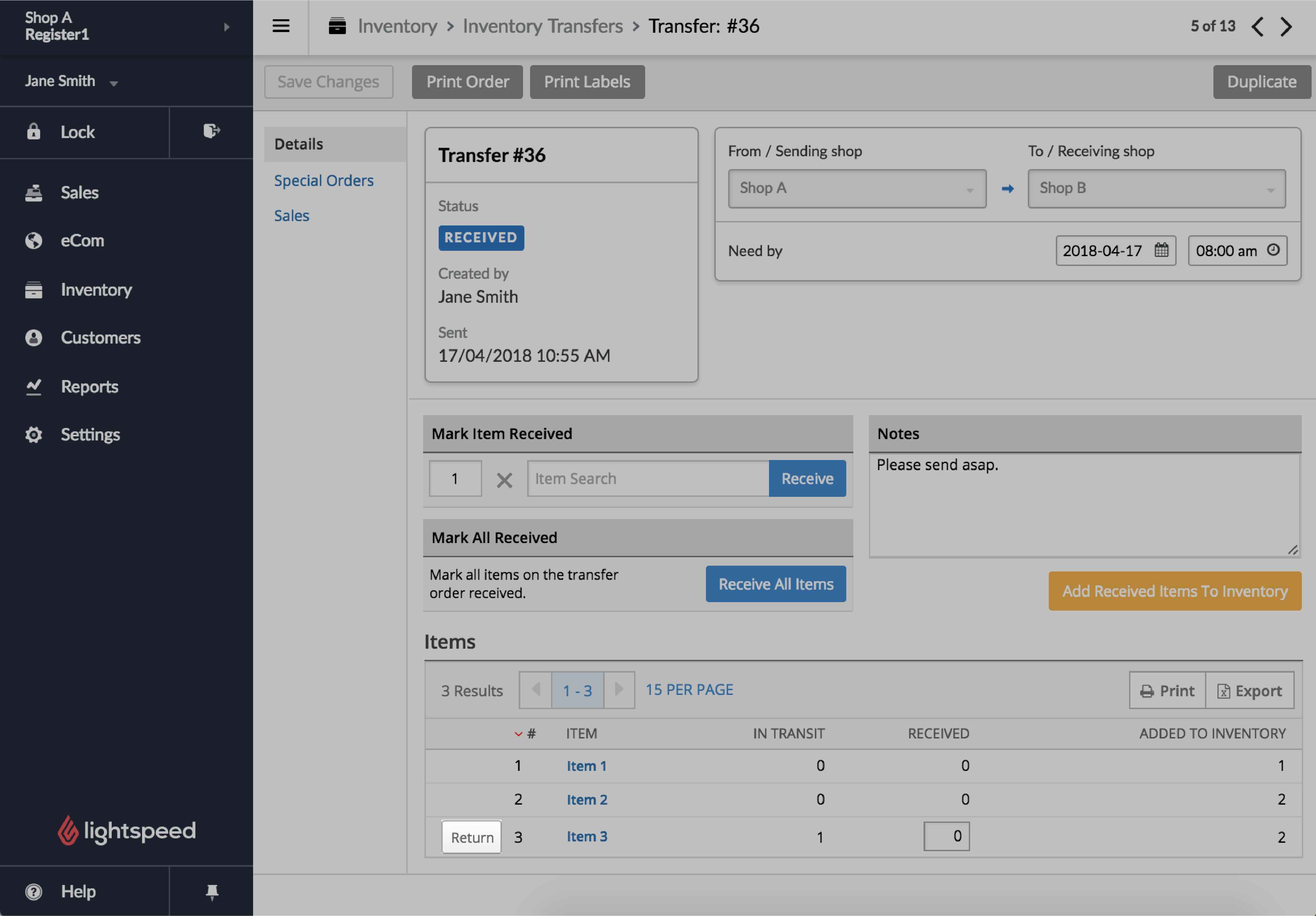 Pagina Overdracht met knop Retourneren gemarkeerd.