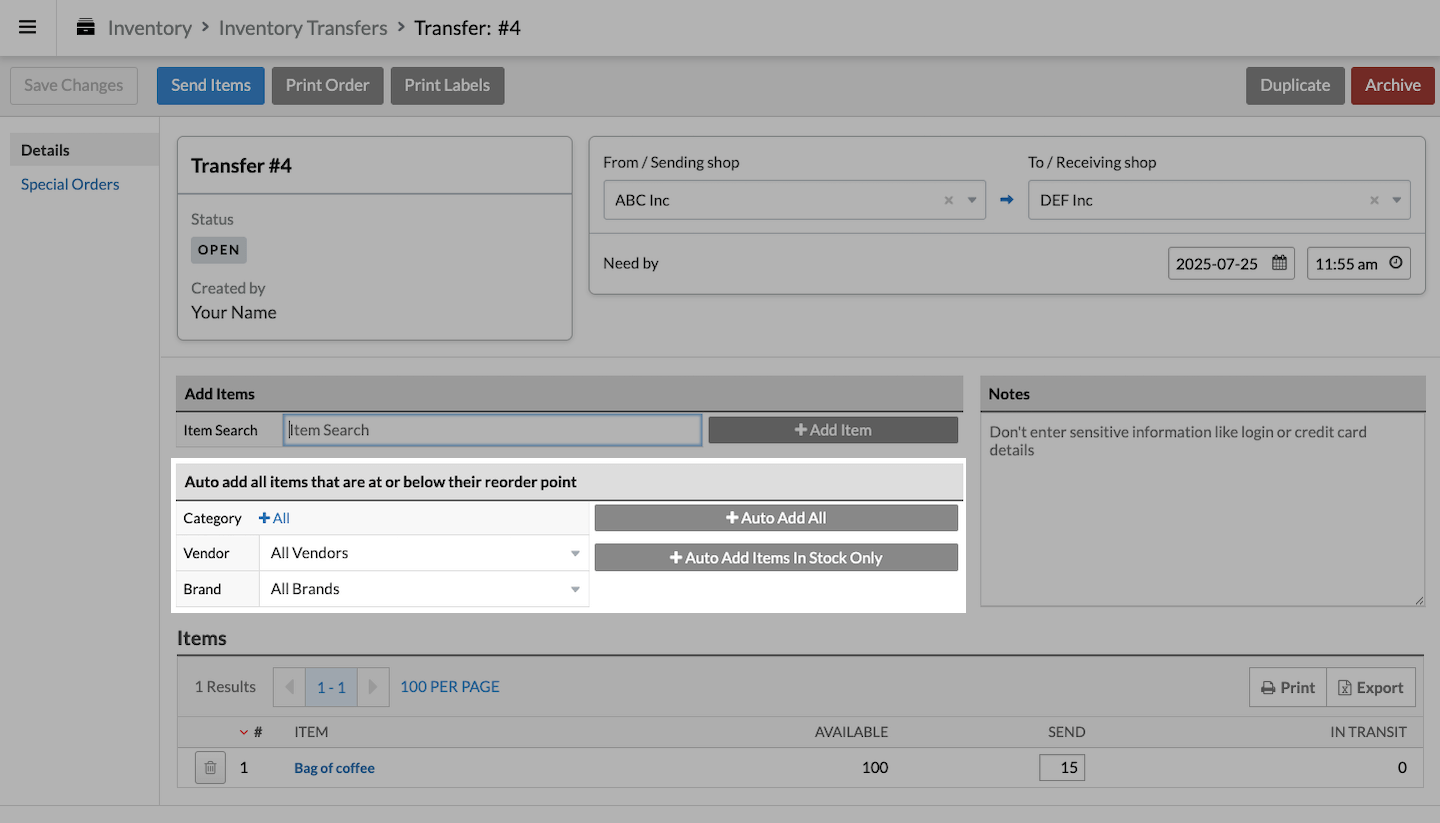 Section « Ajouter tous les articles dont la quantité est égale ou inférieure au seuil de réapprovisionnement » mise en évidence, montrant les menus déroulants « Catégorie », « Fournisseur » et « Marque ».