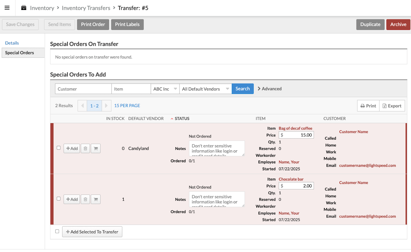 Onglet Commandes spéciales