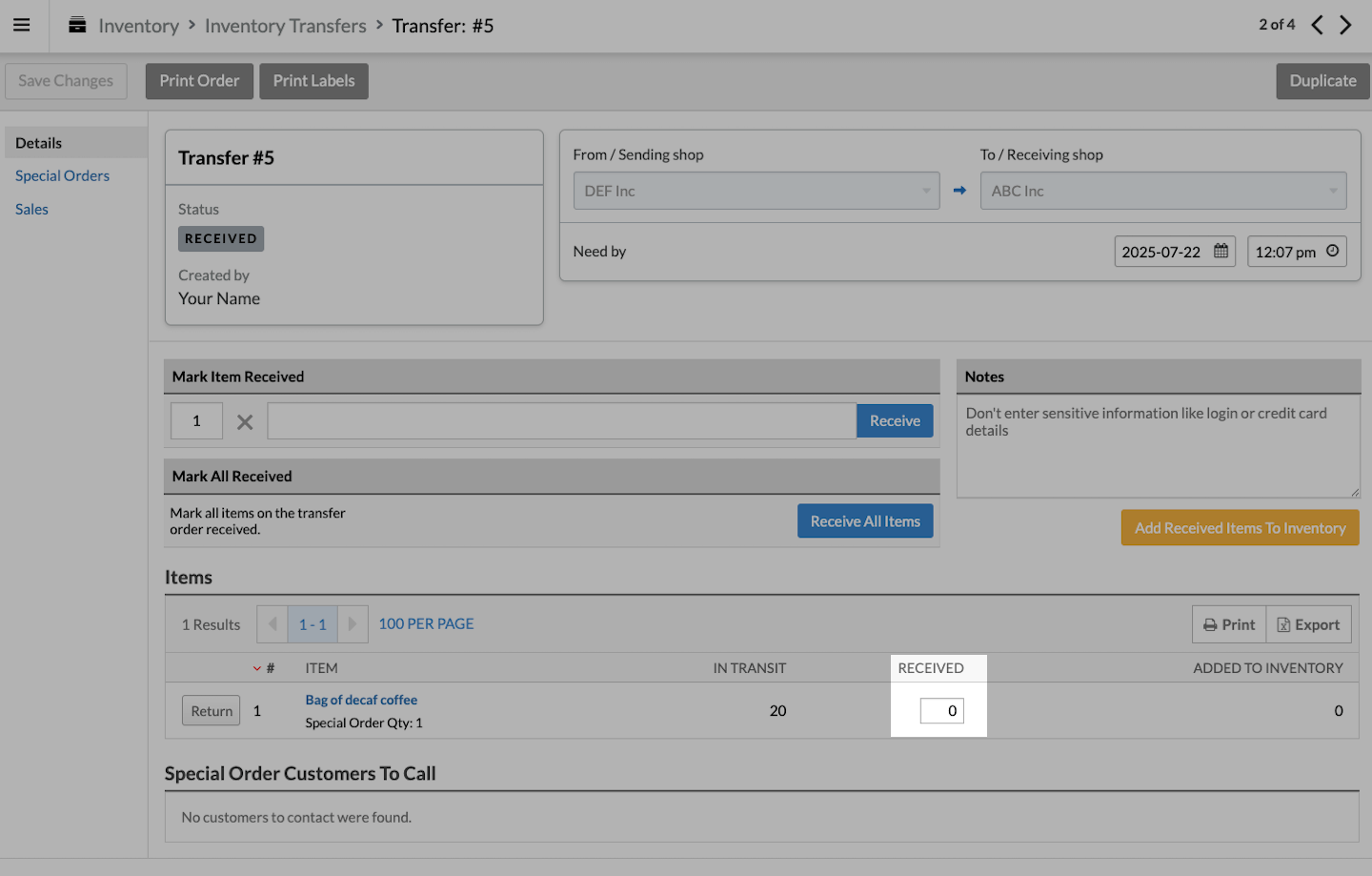 Page de réception de transfert avec le champ de quantité reçue mis en évidence.