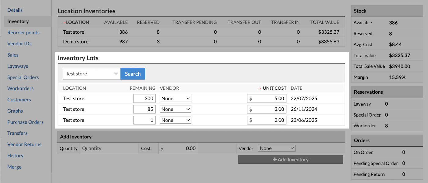 Le tableau Lots de stocks.