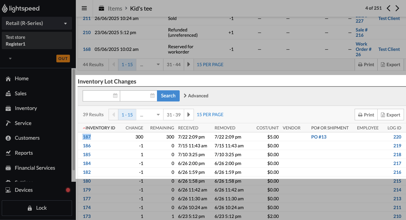 Le tableau Changement aux lots de stocks.