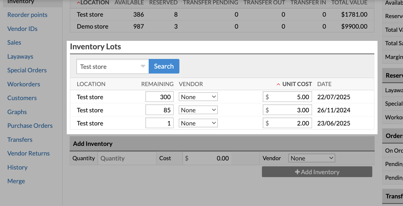 La table des lots d'inventaire.