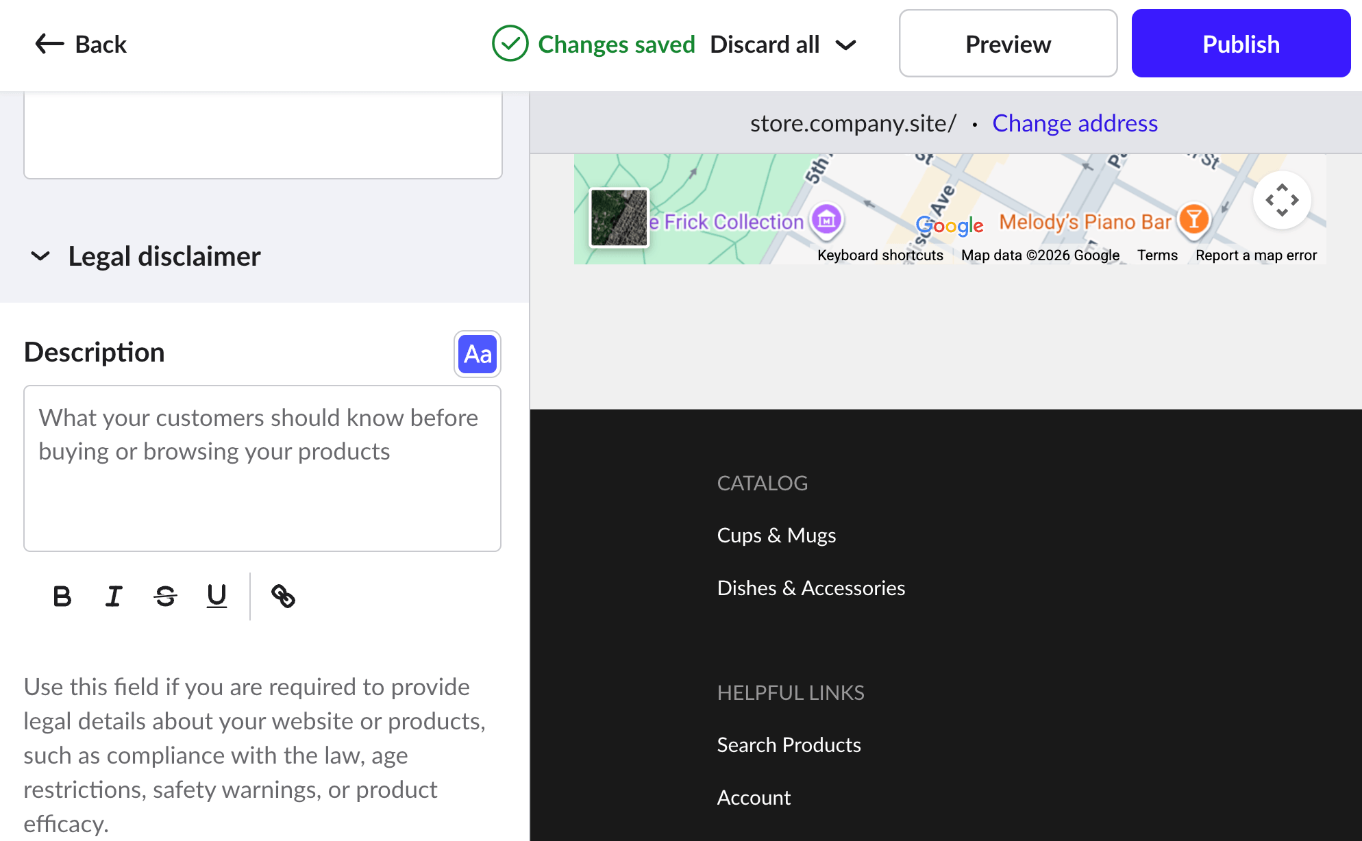 Legal disclaimer on the Content tab with expanded rich text editor.