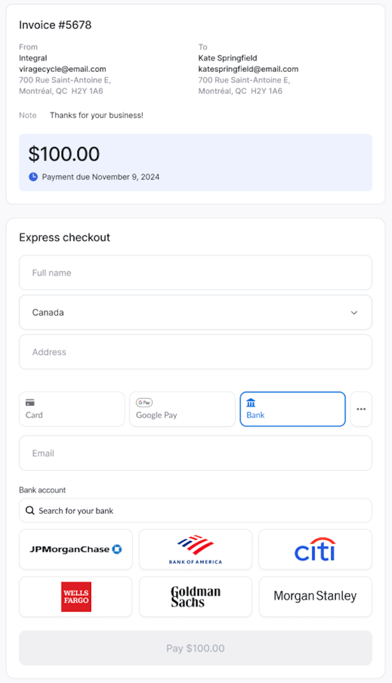 Payment screen showing options to pay by credit card or direct debit.