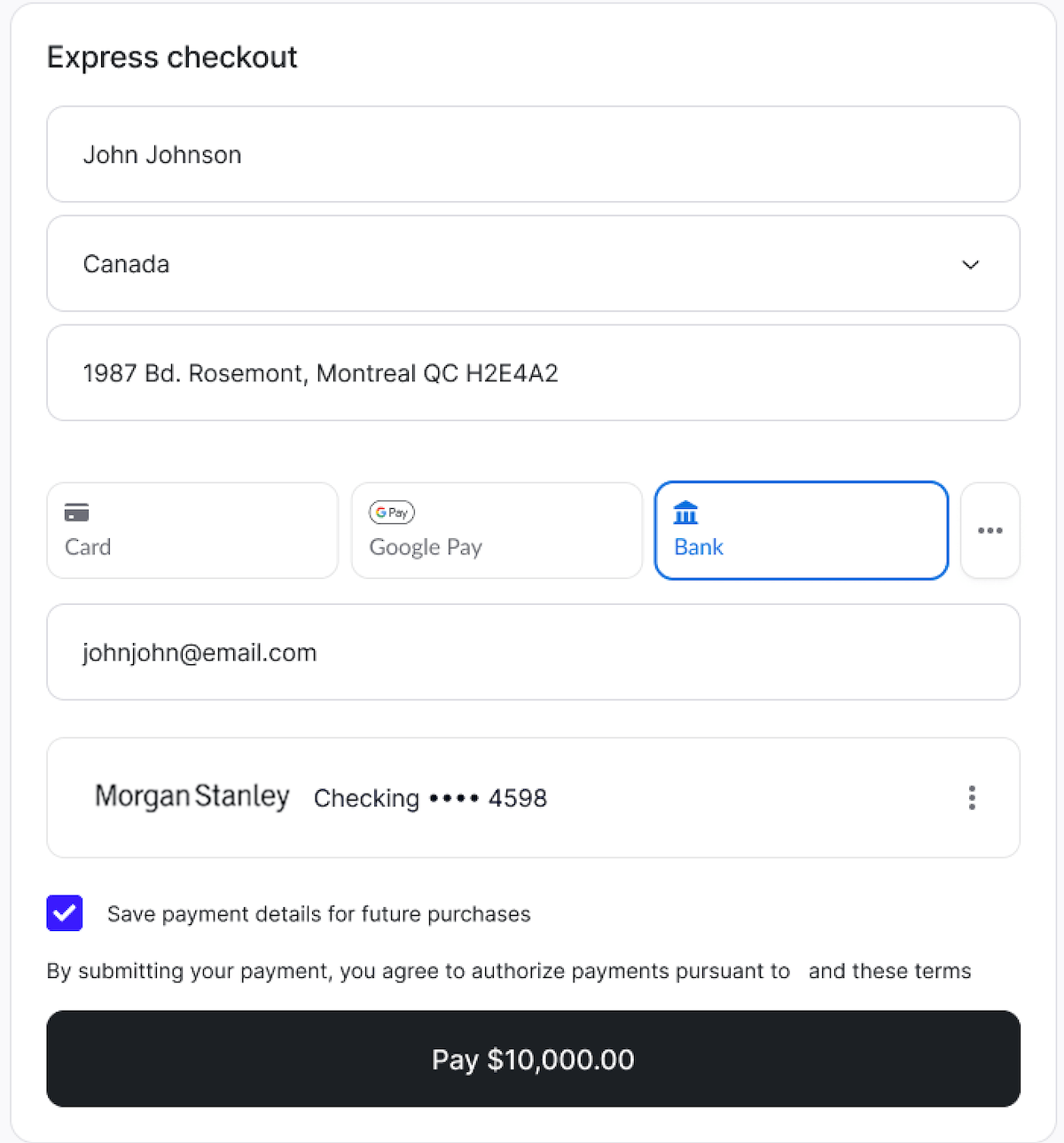 Payment screen showing save payment method box checked.