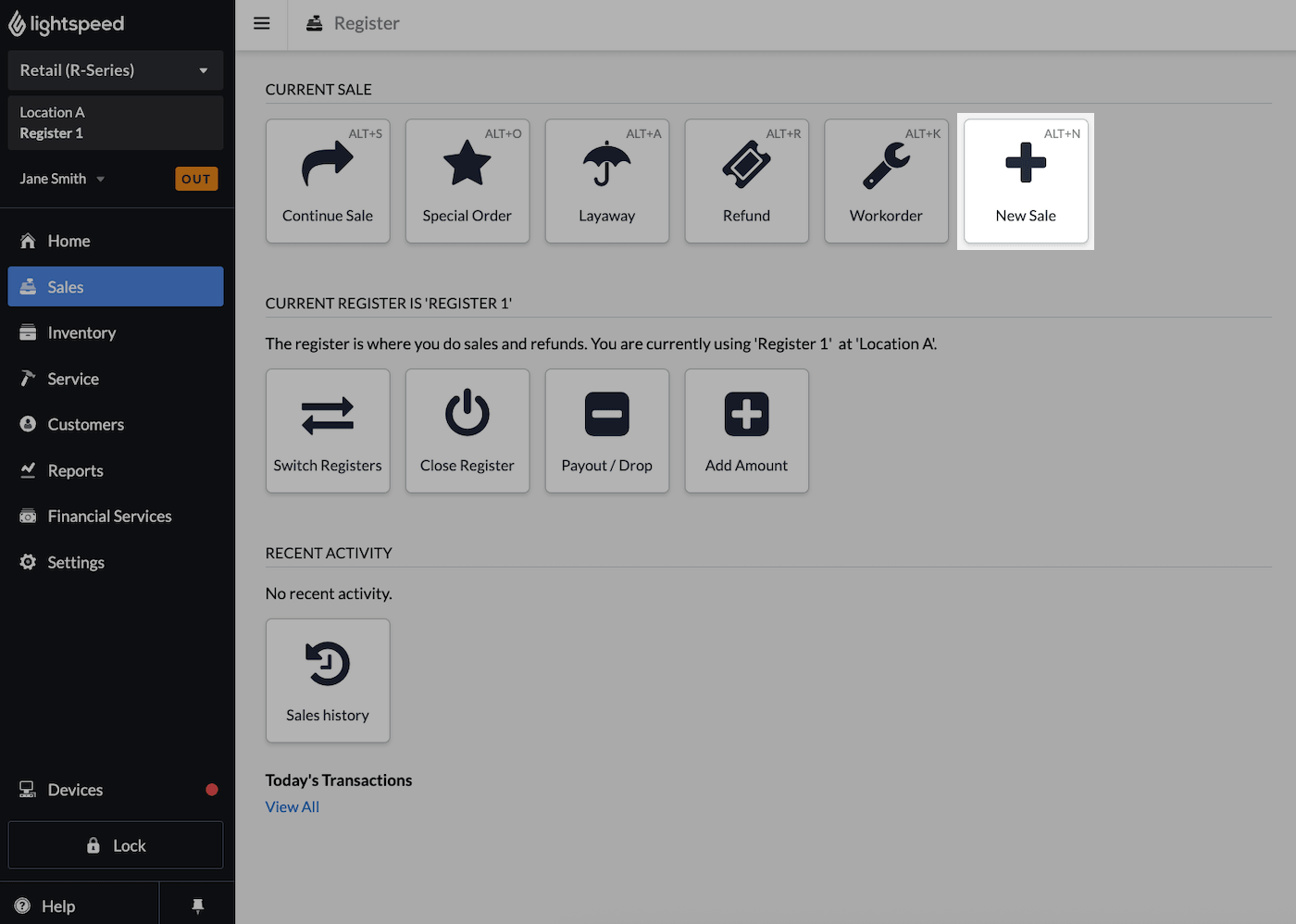Sales page with New Sale emphasized.