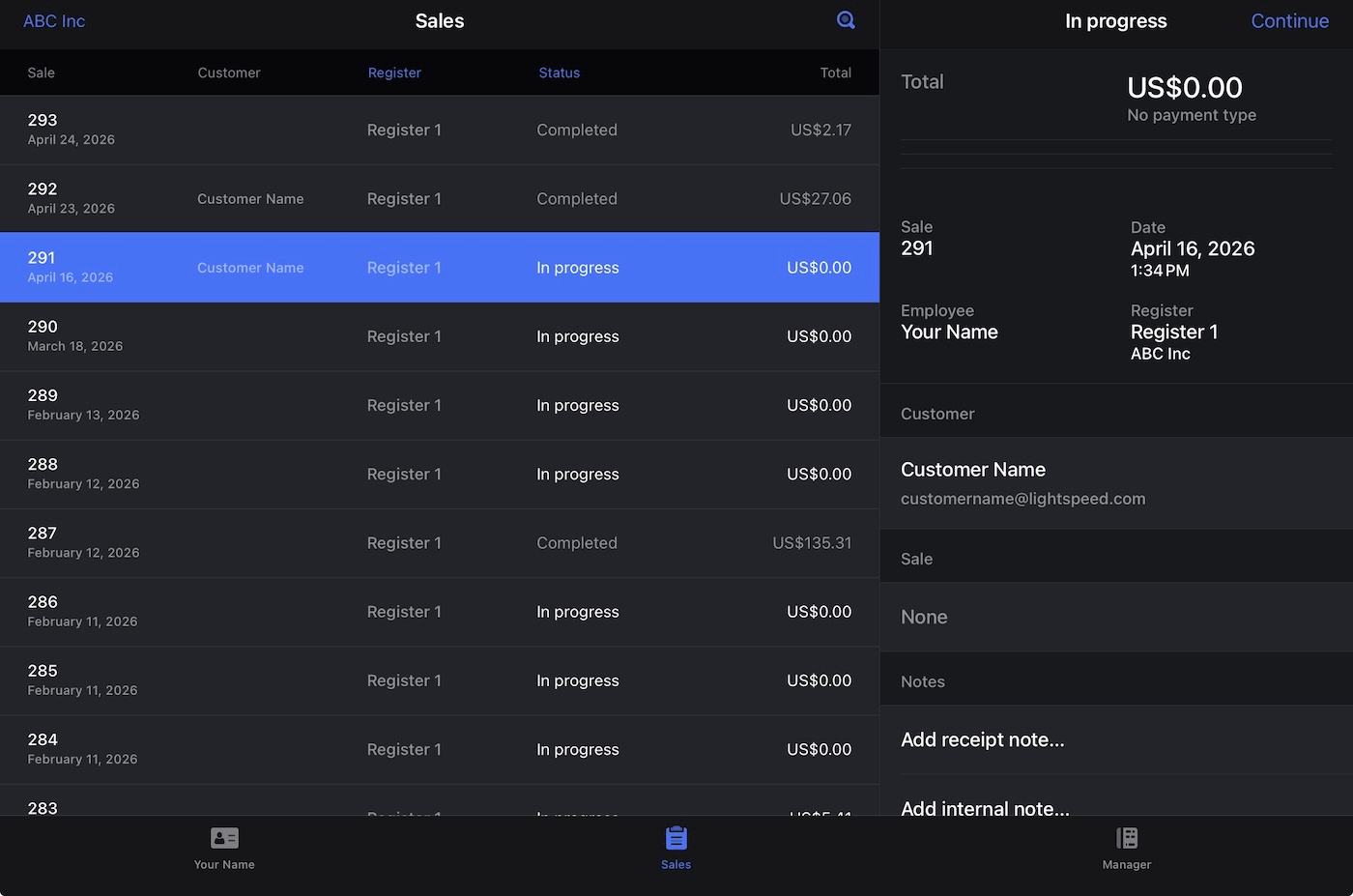 Sales tab on iPad.