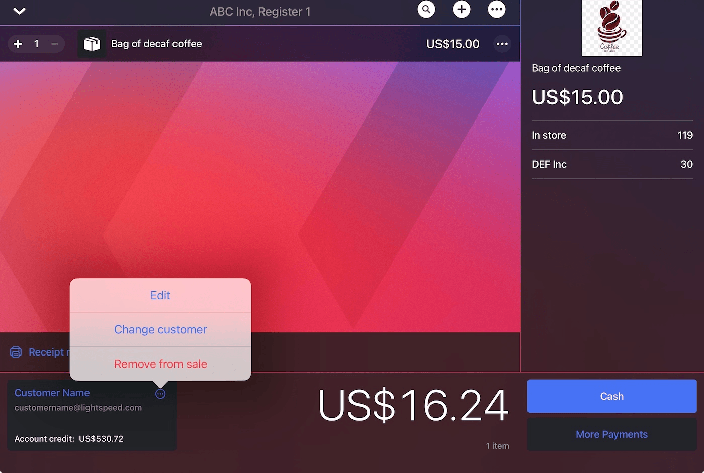 Options to Edit, Change customer, or Remove from sale on iPad.
