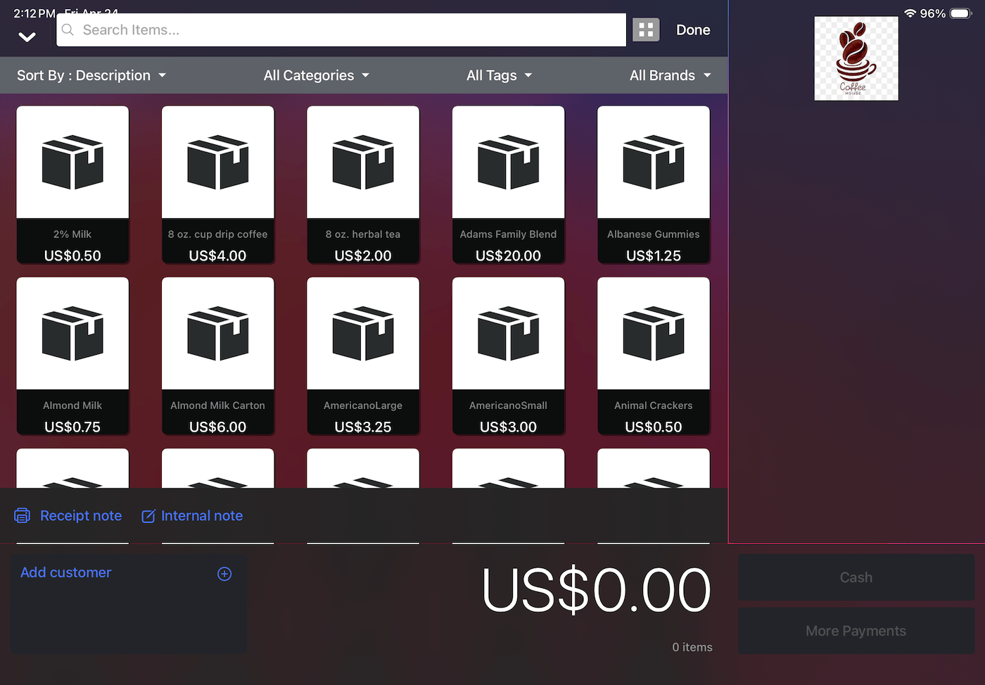 List of items weith Search items field available.