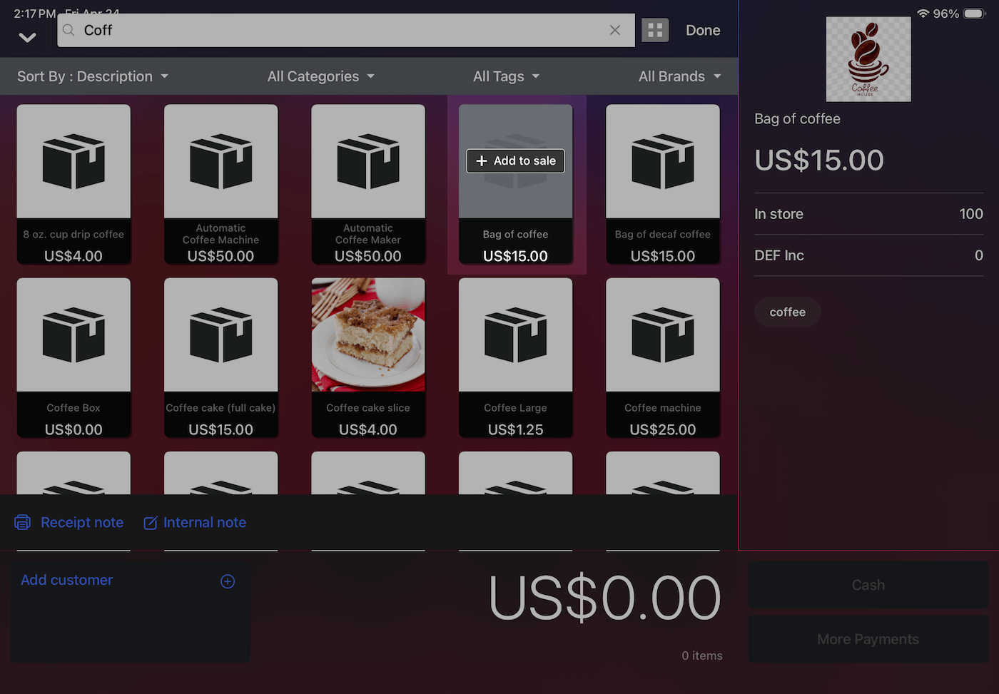 Item selected with + Add to sale option emphasized.