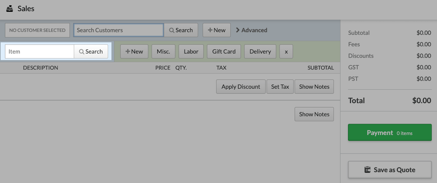 Sell page with Item search field emphasized.