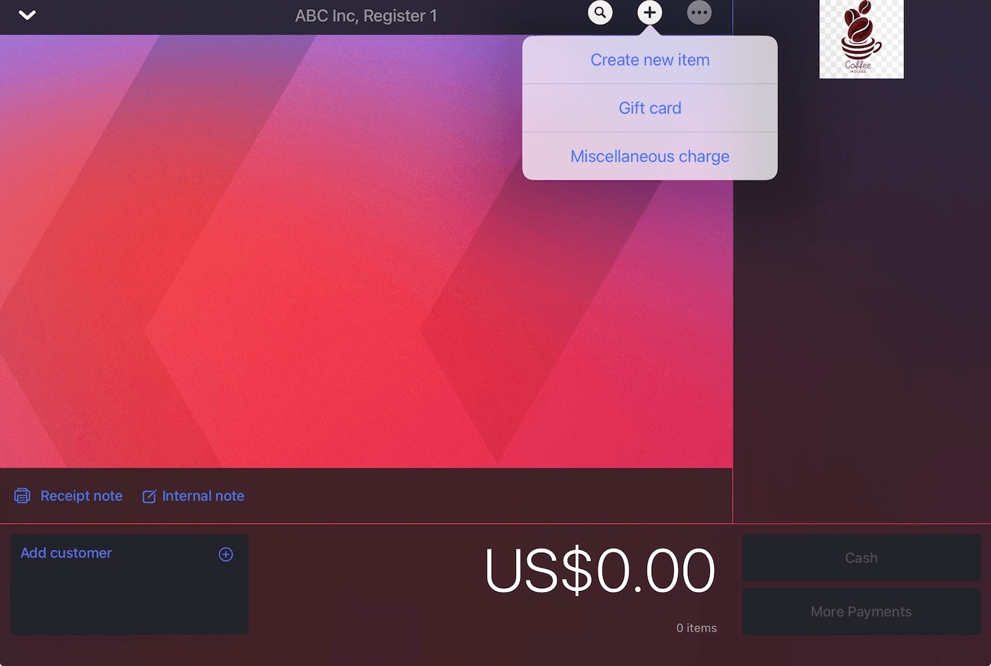 iPad dropdown menu with options to Create new item, Gift card, or Miscellaneous charge.