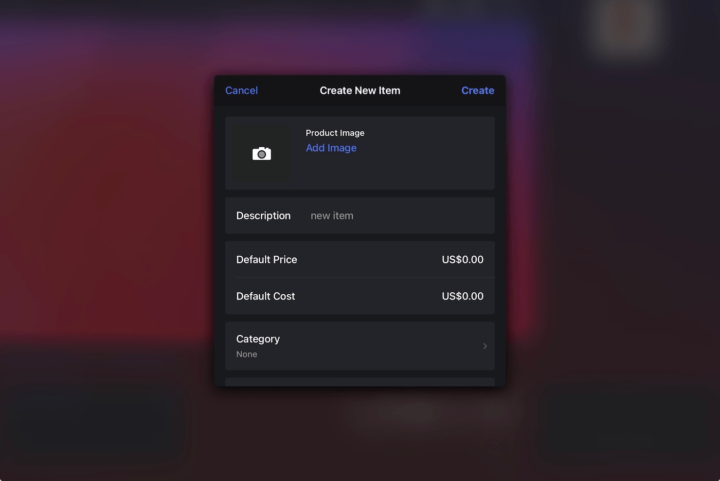 Pop-up to Create New Item on iPad.