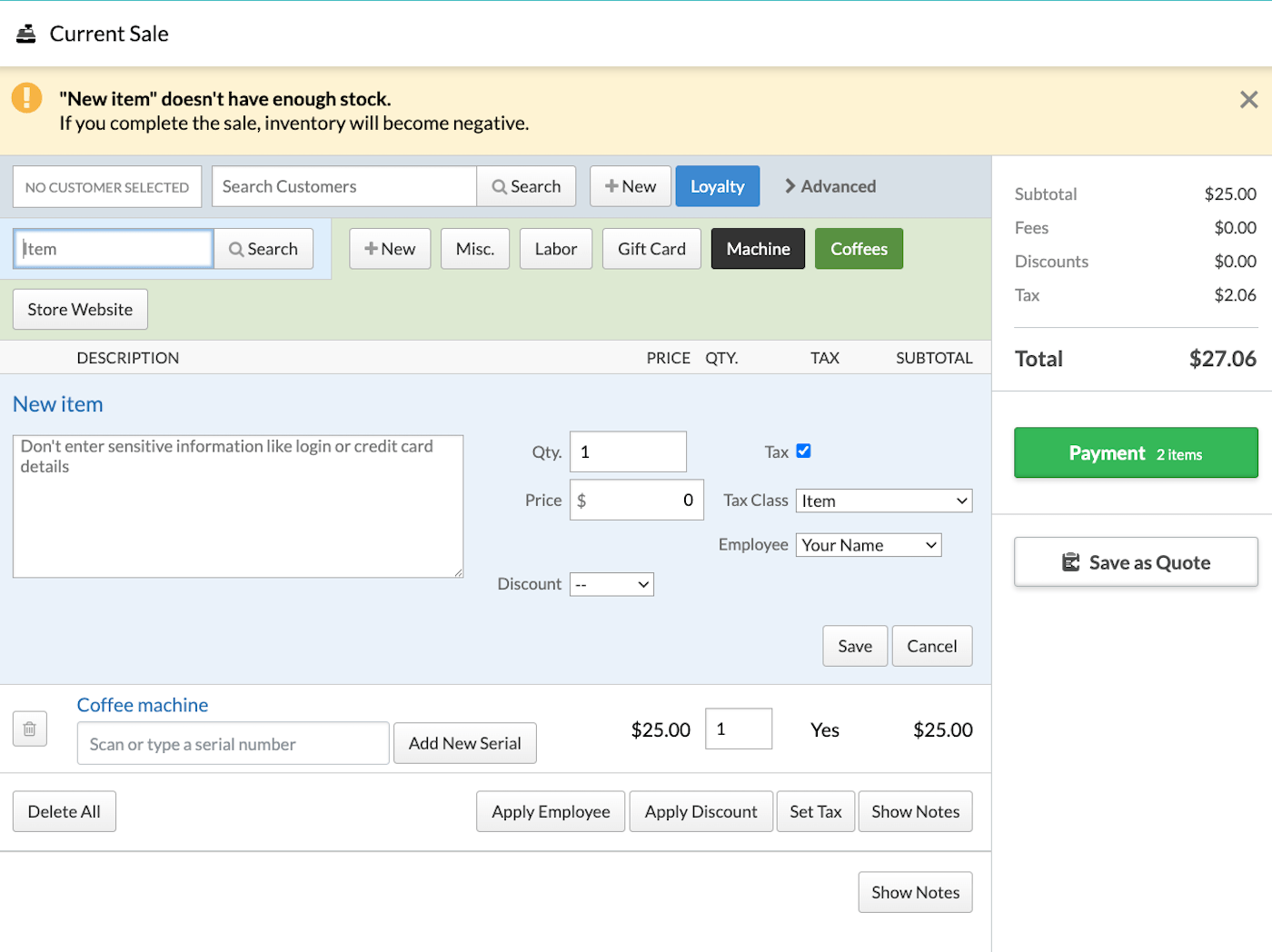 New item added to a computer sale with Save and Cancel options visible.
