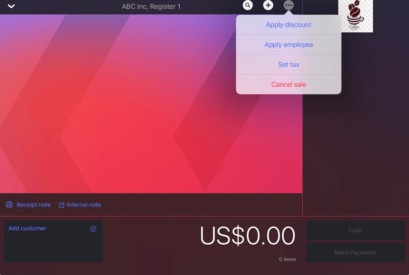 iPad Sell screen showing dropdown menu options to Apply discount, Apply employee, Set tax, or Cancel sale.