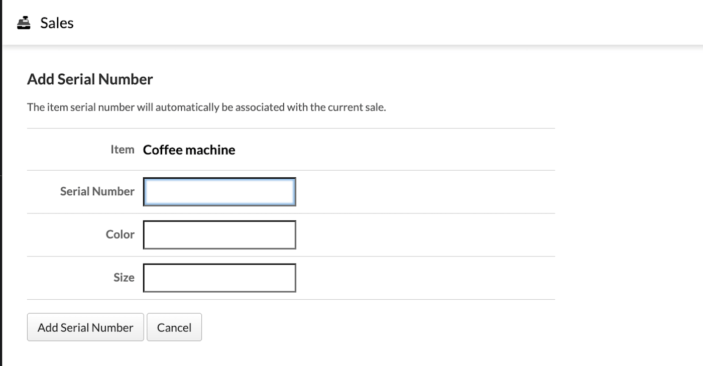 Add Serial number page with fields for Serial Number, Color, and Size.