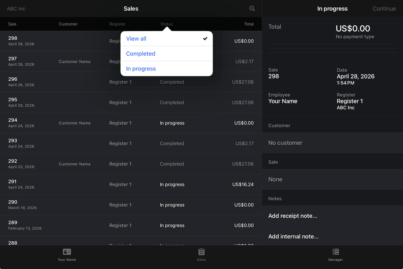 Sales page with Status selected showing options to View all, or view Completed or In progress sales.