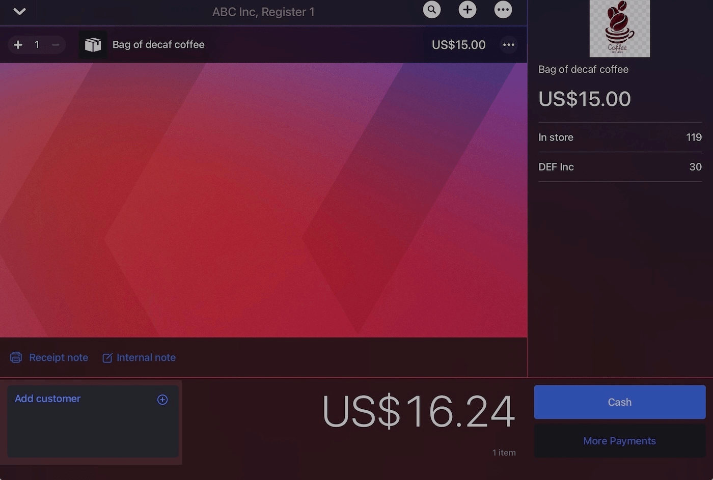 Sell screen on iPad with Add customer emphasized.