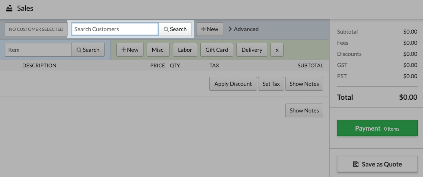 Sell page with Search Customers field emphasized.