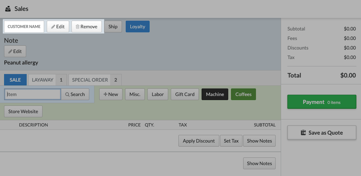Sell screen with Customer name, Edit, and Remove buttons emphasized.
