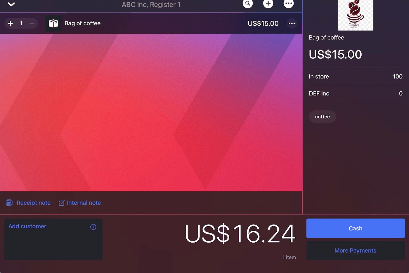 Item in sale on iPad showing + or - to adjust the quantity.