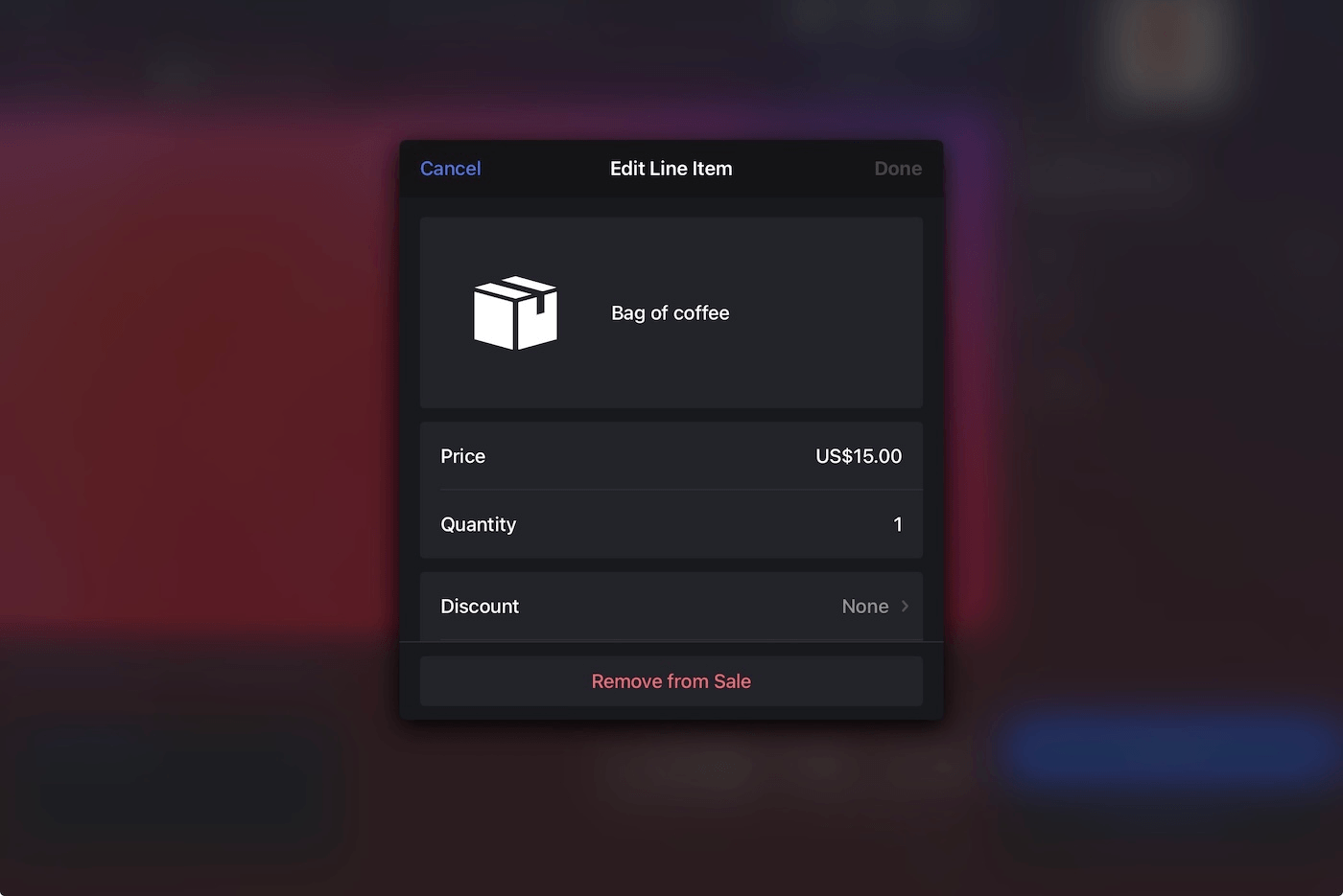 Edit line item pop-up on iPad.